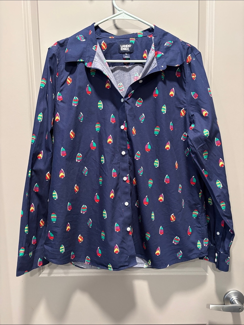 Lands' End No Iron Supima Cotton Sailboat Print Button Up Shirt Navy L 14 16